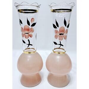 Vtg Pair BARTLETT COLLINS Hand Painted Blown Glass Frosted Bottom Scalloped Vase